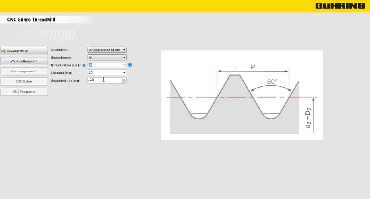 Schritt 1: Gewindedaten bestimmen in der Software